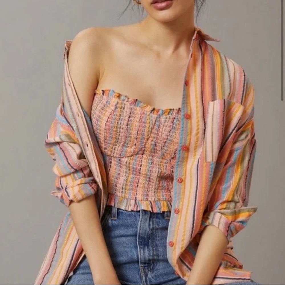 Anthropologie Pilcro Rainbow Smocked Strapless Bustier Crop Top Size Small - Picture 2 of 11